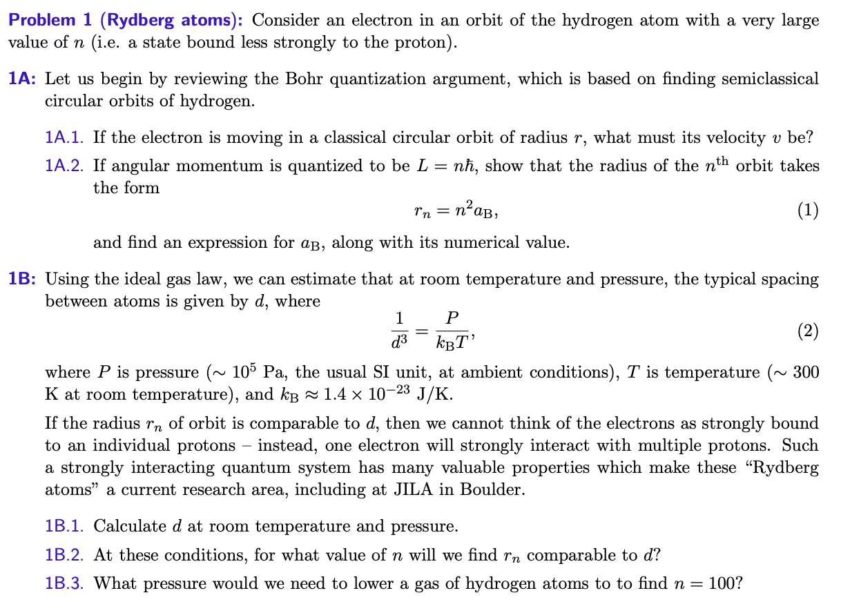 Solved Problem 1 (Rydberg atoms): Consider an electron in an | Chegg.com