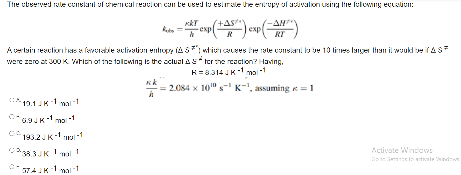 Solved kobs=hκkTexp(R+ΔS =∗)exp(RT−ΔH =∗) A certain reaction | Chegg.com