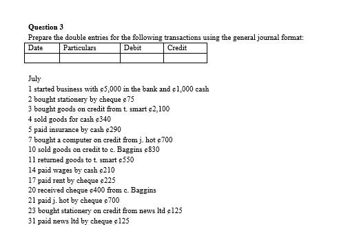 Solved Question 3 Prepare The Double Entries For The