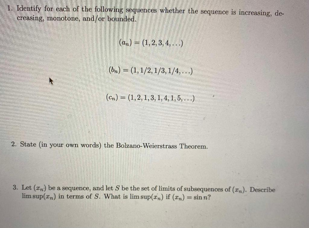 Solved 1. Identify For Each Of The Following Sequences | Chegg.com