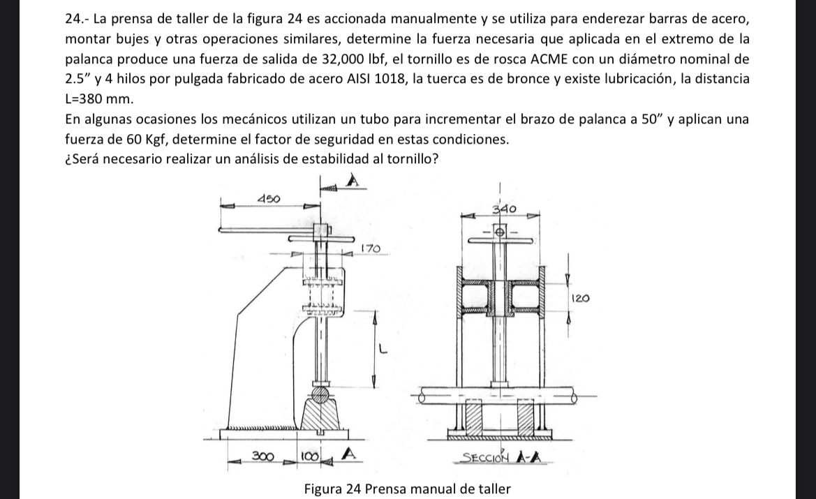 24.- La prensa de taller de la figura 24 es accionada manualmente y se utiliza para enderezar barras de acero, montar bujes y