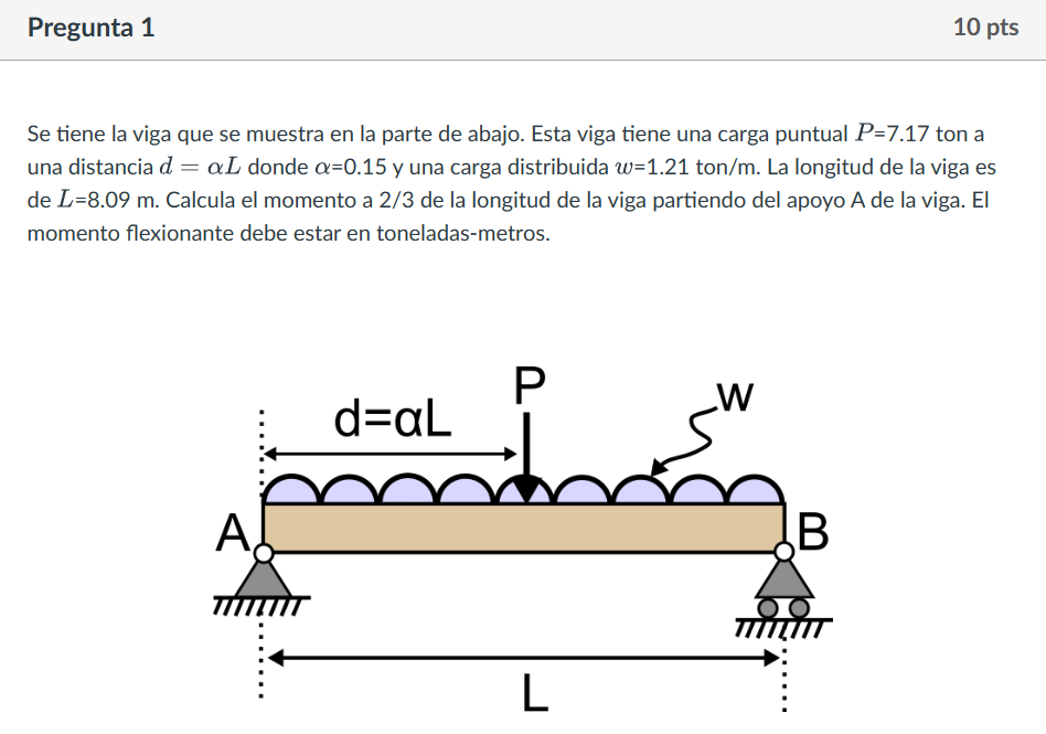 Se tiene la viga que se muestra en la parte de abajo. Esta viga tiene una carga puntual \( P=7.17 \) ton a una distancia \( d