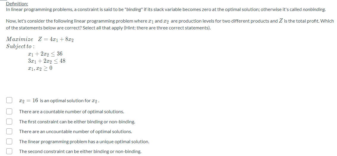 Solved Definition: In linear programming problems, a | Chegg.com