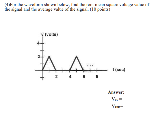 Solved (4)For the waveform shown below, find the root mean | Chegg.com