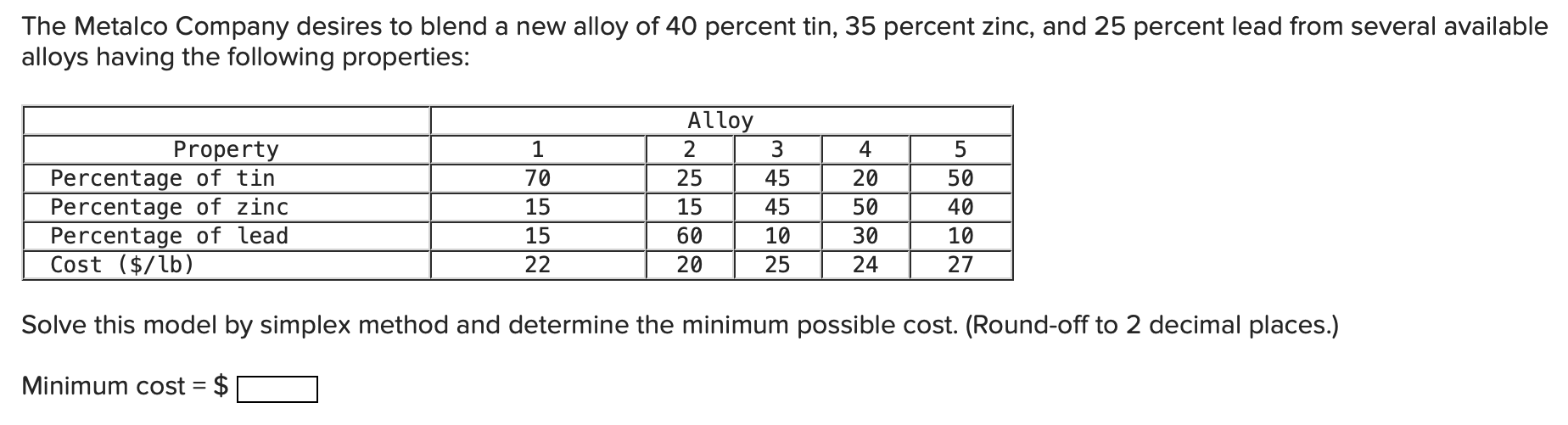 Solved The Metalco Company desires to blend a new alloy of | Chegg.com