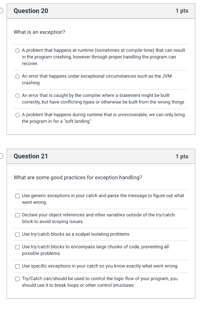 Solved Question 20 1 pts What is an exception? A problem | Chegg.com