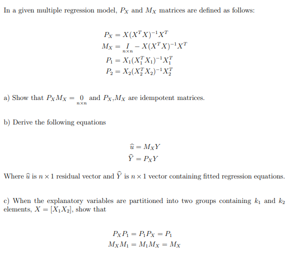 Solved In A Given Multiple Regression Model, Px And My | Chegg.com