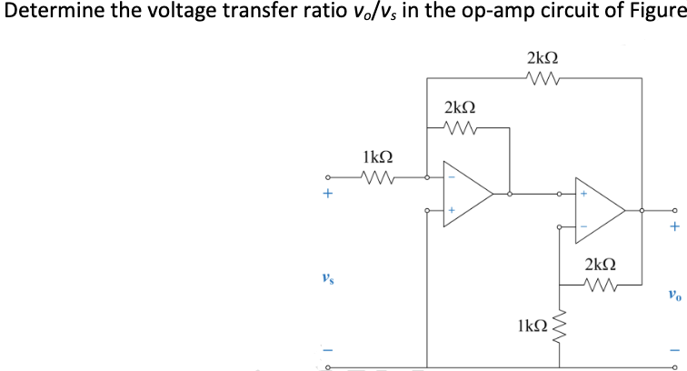 Determine the voltage transfer ratio \( v_{o} / v_{s} \) in the op-amp circuit of Figure