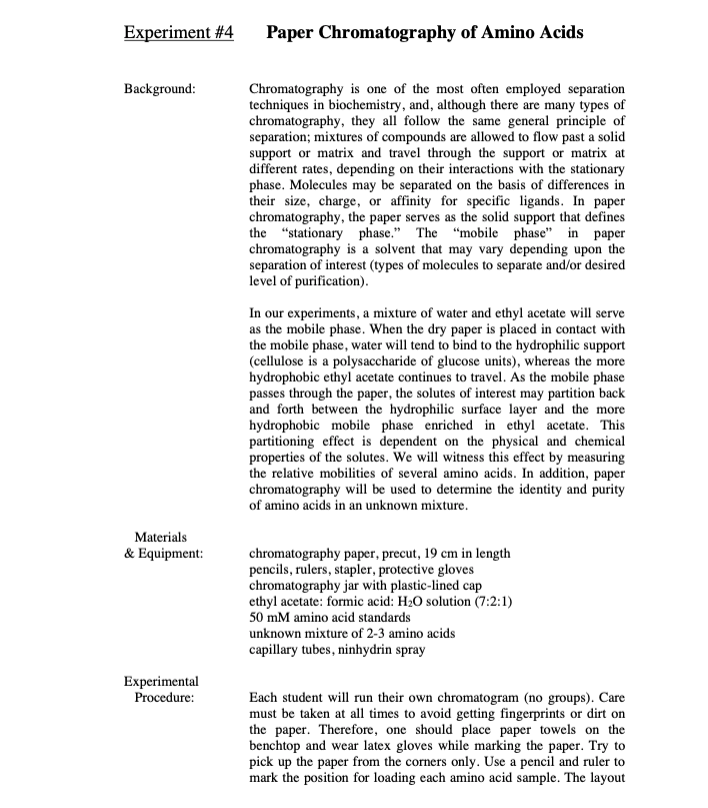 Experiment 4 Paper Chromatography Of Amino Acids Chegg 