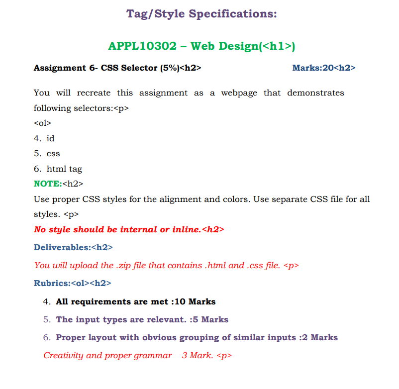 Solved APPL10302 - Web Design Assignment 6- CSS Selector | Chegg.com