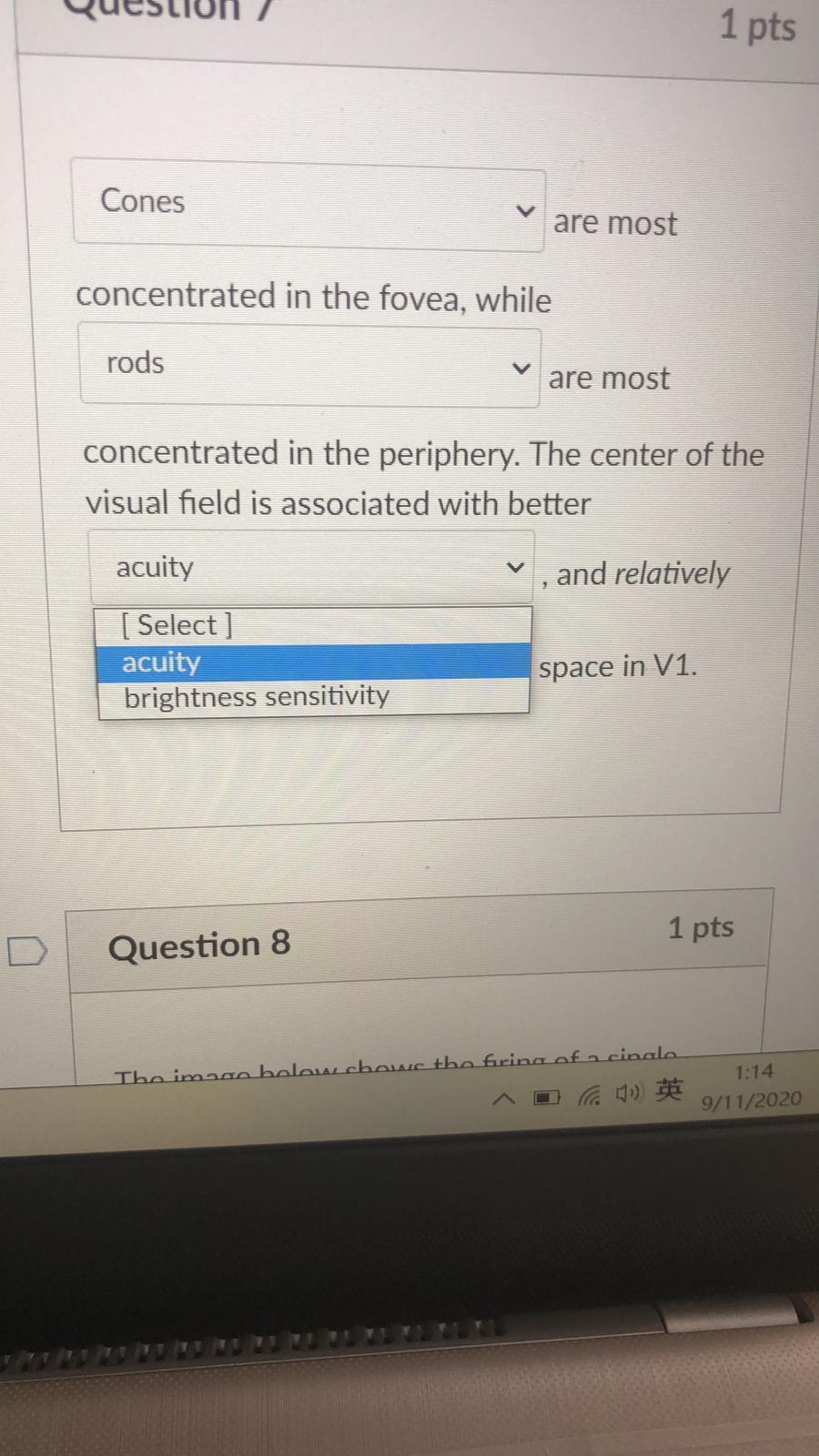 Solved 1 pts Cones are most concentrated in the fovea, while