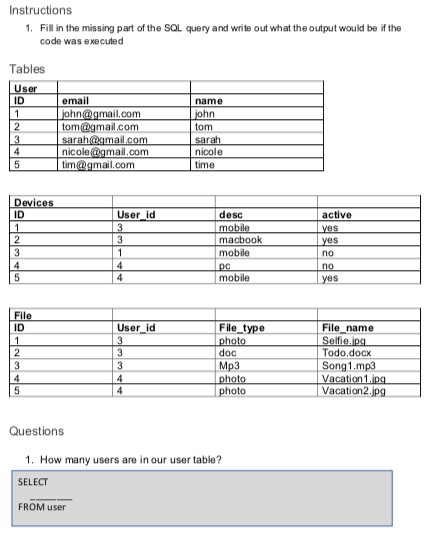 Solved Instructions 1. Fill in the missing part of the SQL | Chegg.com