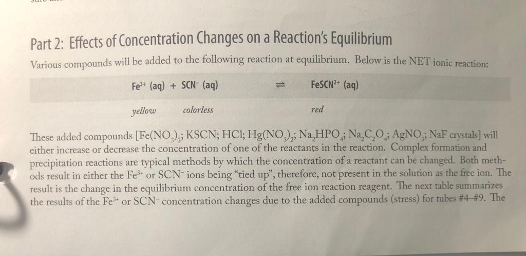 Solved Part 2: Effects of Concentration Changes on a | Chegg.com