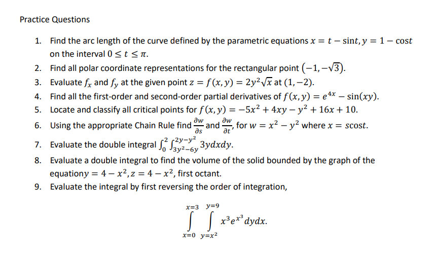 Solved Practice Questions 1. Find the arc length of the | Chegg.com