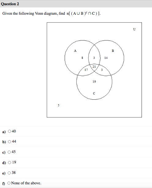 Solved Given the following Venn diagram, find n[ AU(BOC)]. B | Chegg.com