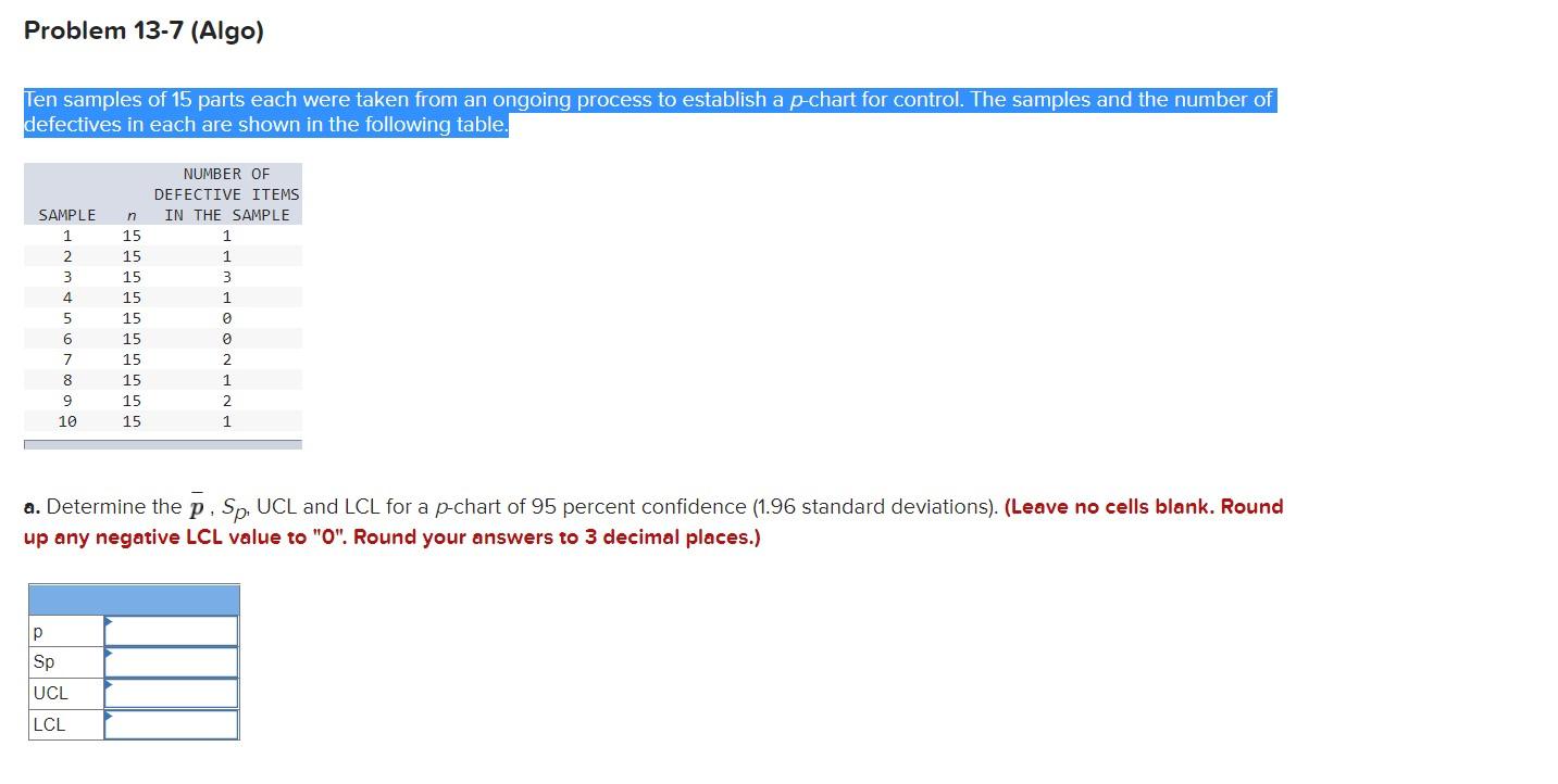 Solved Problem 13-7 (Algo) Ten samples of 15 parts each were | Chegg.com