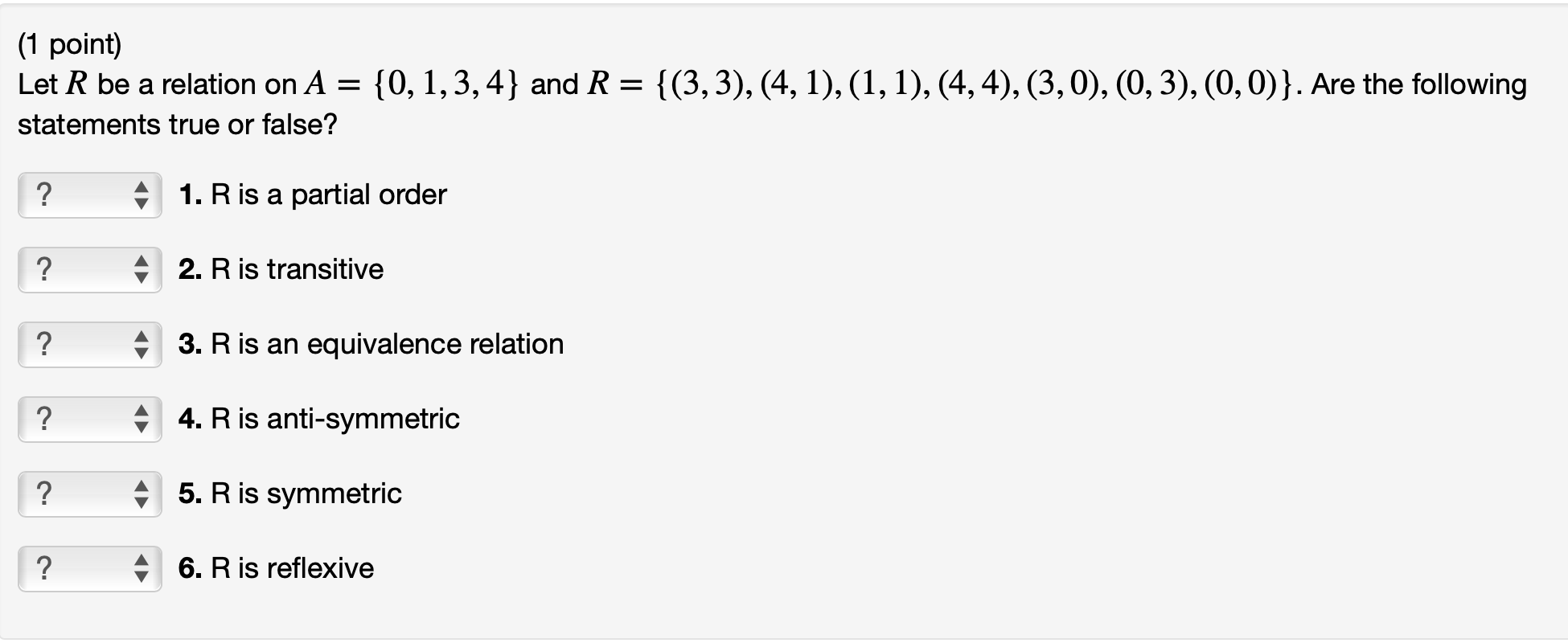 Solved (1 Point) Let R Be A Relation On A = {0,3,8,9} And R | Chegg.com