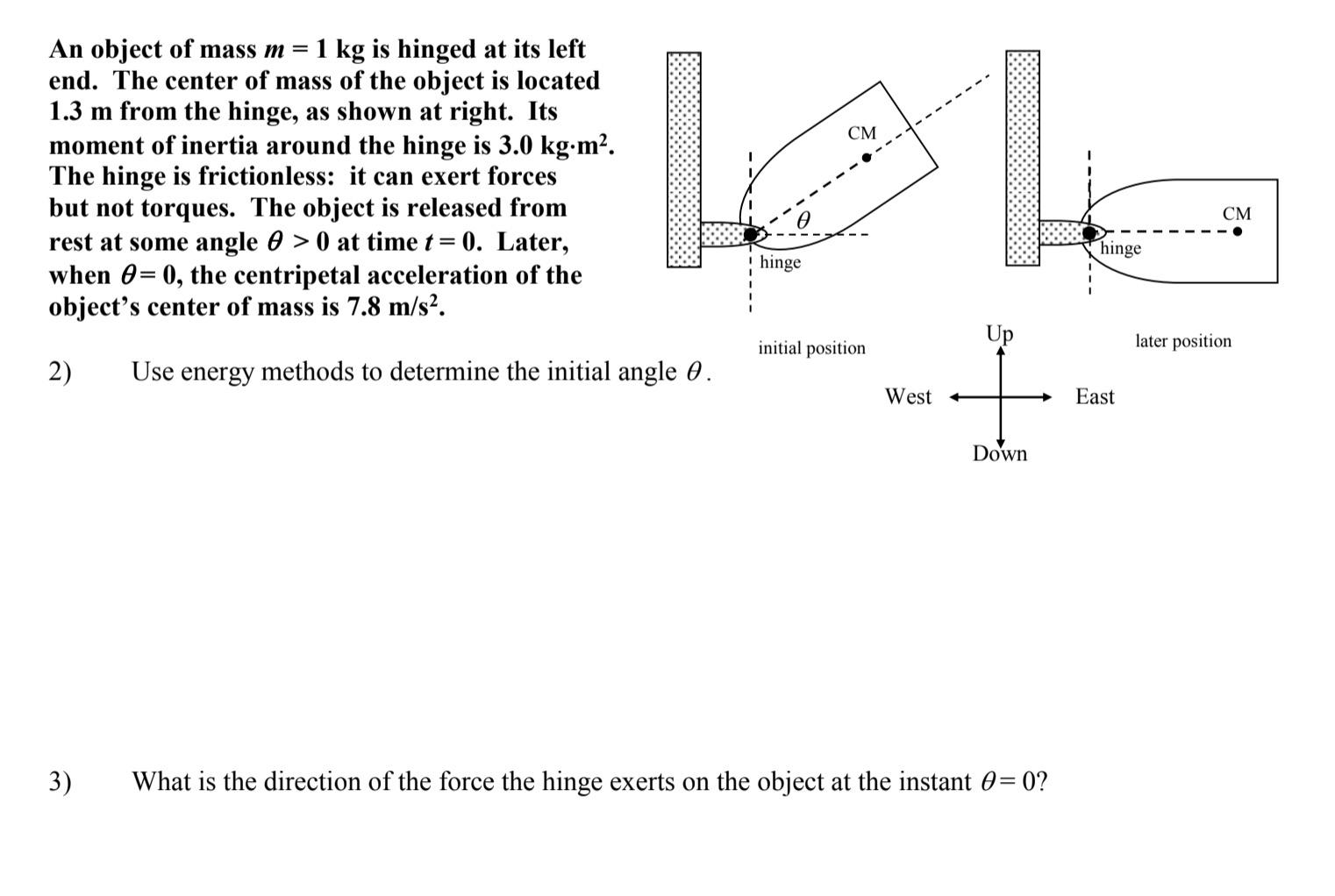 Solved СМ An object of mass m = 1 kg is hinged at its left | Chegg.com