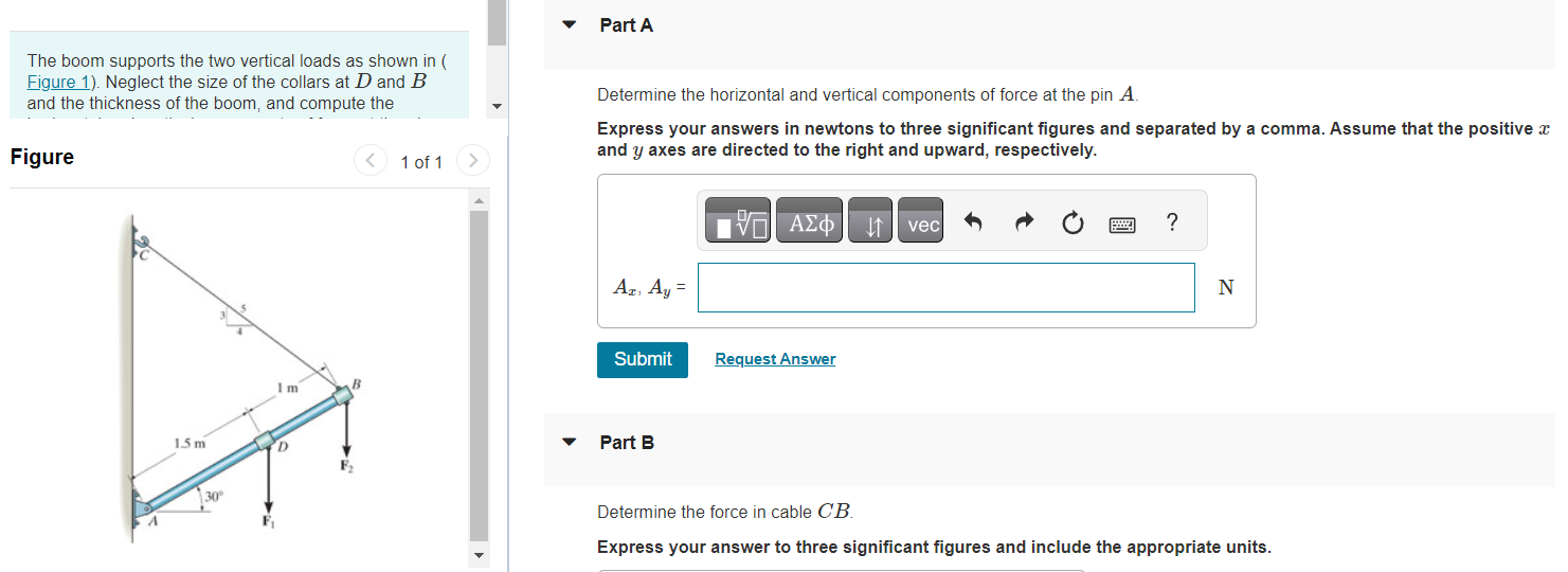Solved The boom supports the two vertical loads as shown in | Chegg.com