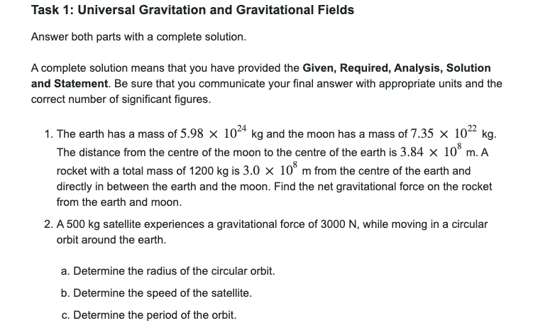 Solved Task 1: Universal Gravitation And Gravitational | Chegg.com