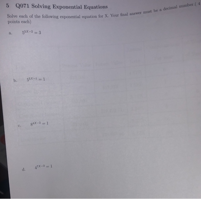 Solved 5 Q071 Solving Exponential Equations Solve Each Of Chegg Solved 5 Q071 Solving Exponential Equations Solve Each Of Chegg