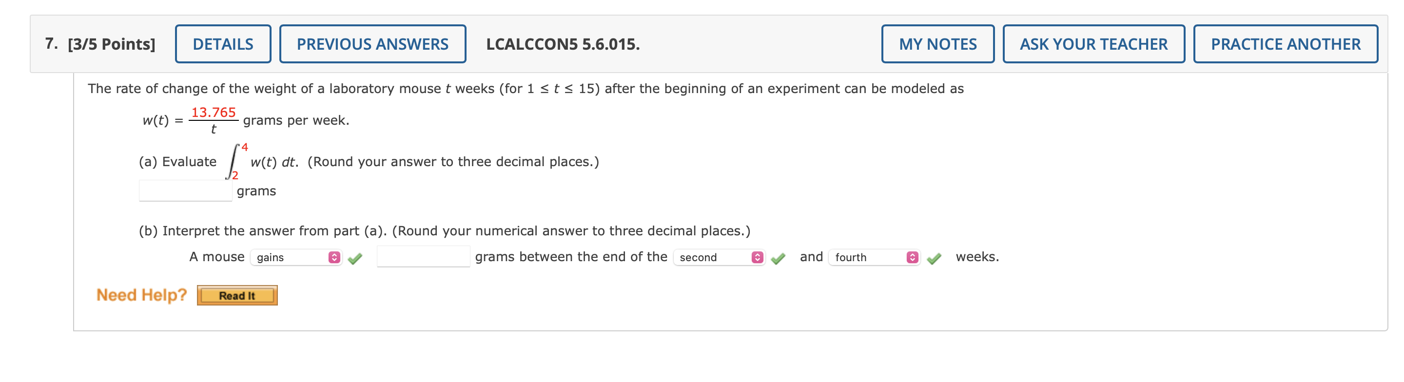 Solved he rate of change of the weight of a laboratory mouse | Chegg.com