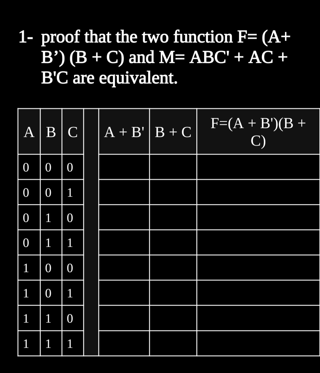 Solved 1- proof that the two function F=(A+ B′)(B+C) and | Chegg.com