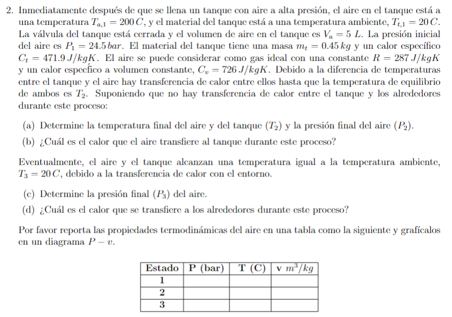 Inmediatamente después de que se llena un tanque con aire a alta presión, el aire en el tanque está a una temperatura \( T_{a