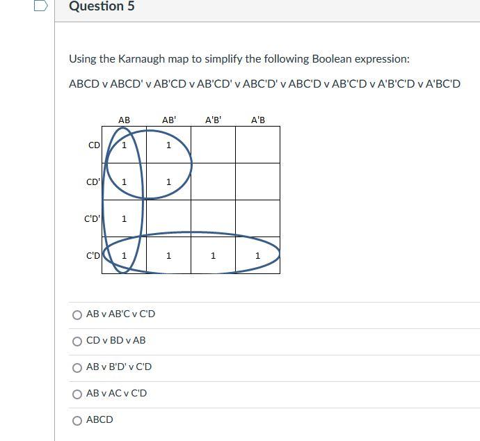 Solved Question 5 Using the Karnaugh map to simplify the | Chegg.com