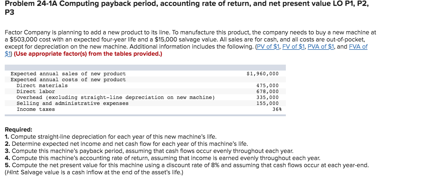 Solved Problem 24-1A Computing payback period, accounting | Chegg.com