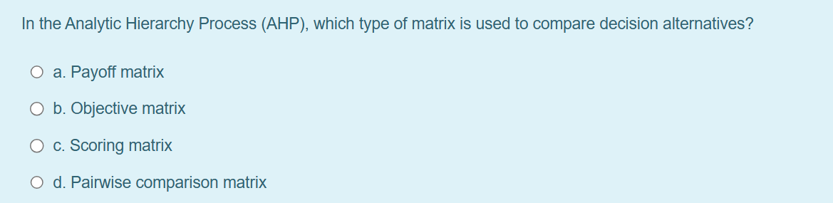 Solved In the Analytic Hierarchy Process (AHP), ﻿which type | Chegg.com