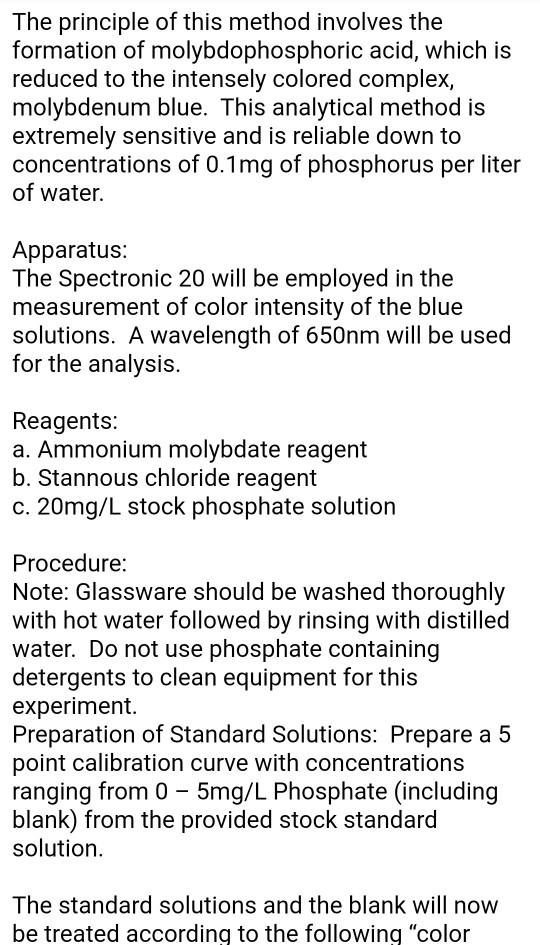 Solved For molybdenum blue method to determin phosphorus