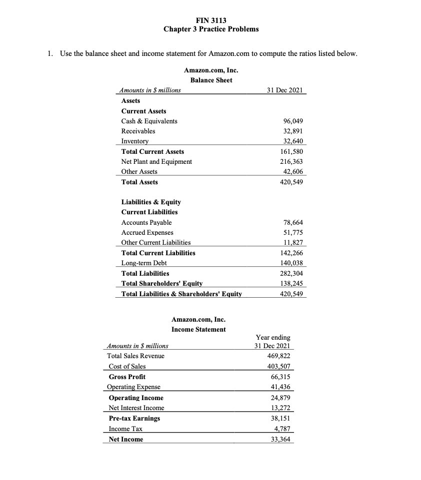 Solved Use The Balance Sheet And Income Statement For | Chegg.com