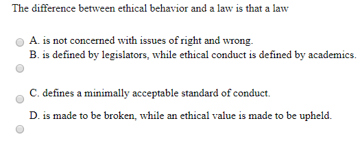 Solved The difference between ethical behavior and a law is | Chegg.com