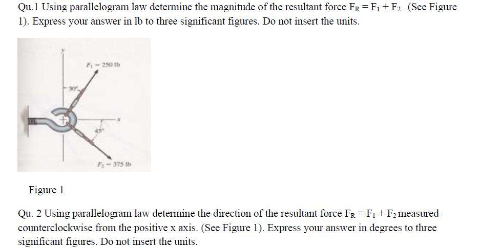 Qu.1 Using parallelogram law determine the magnitude of the resultant force \( F_{R}=F_{1}+F_{2} \). (See Figure 1). Express 