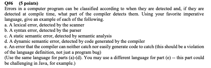 Solved Q#6 (5 points) Errors in a computer program can be | Chegg.com