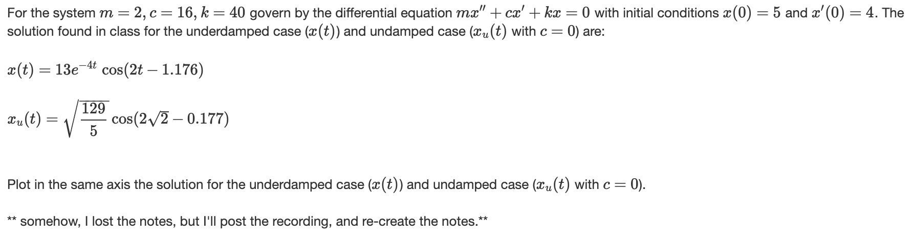 Solved For the system m = 2, c = 16, k = 40 govern by the | Chegg.com