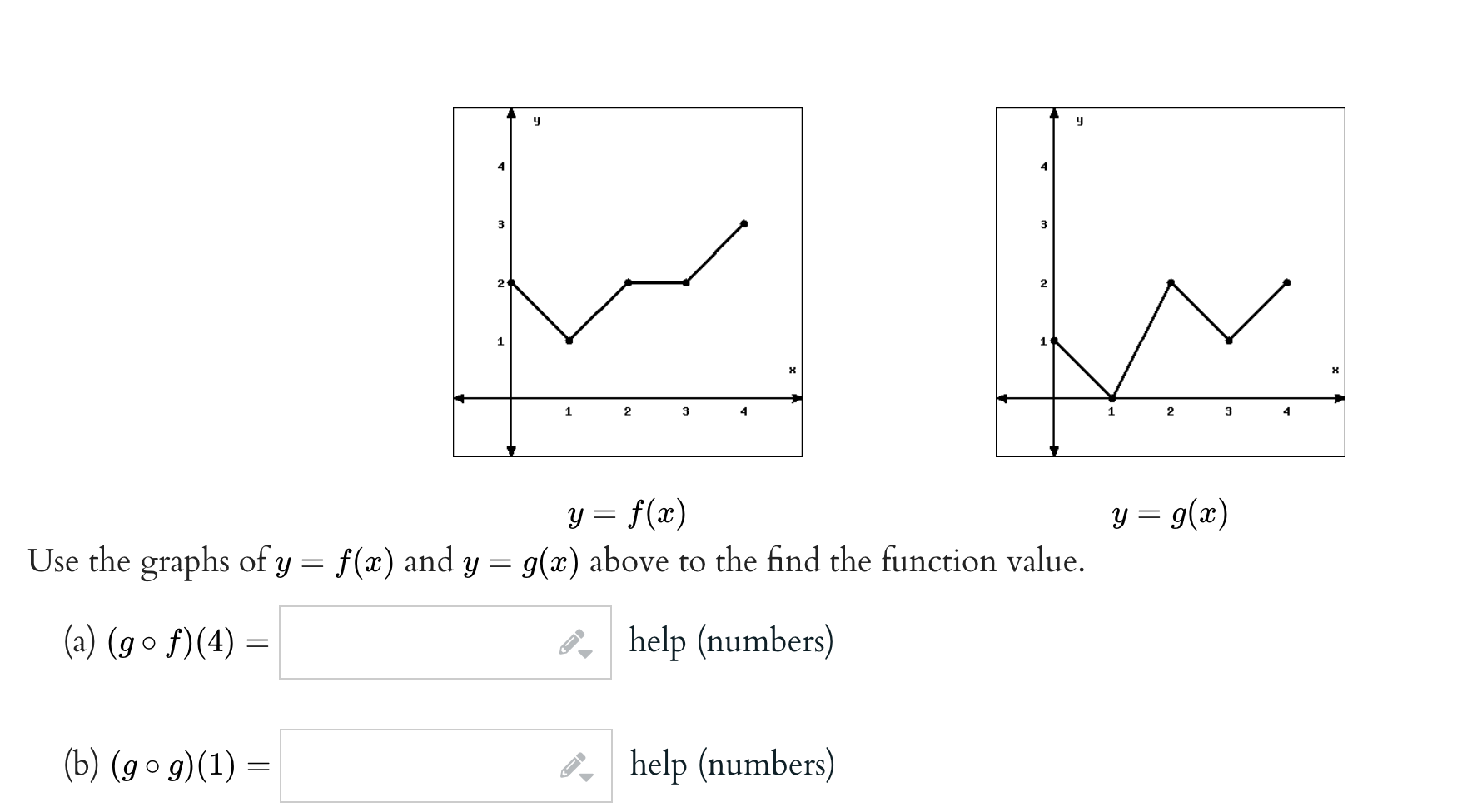 \[ y=f(x) \quad y=g(x) \] Use the graphs of \( y=f(x) \) and \( y=g(x) \) above to the find the function value. (a) \( (g \c