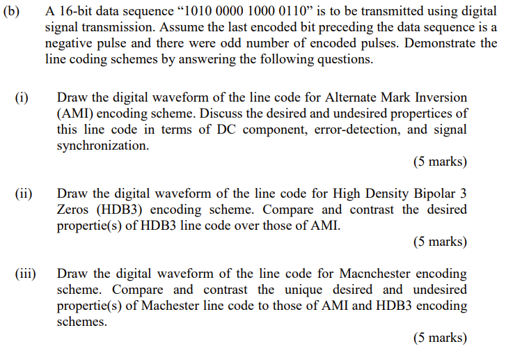 (b) A 16-bit data sequence “1010 0000 1000 0110” is | Chegg.com