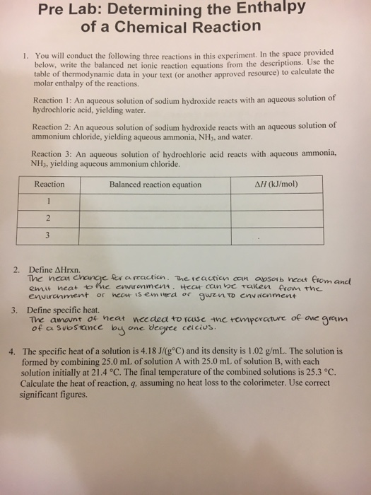 Determining the Enthalpy of a Chemical Reaction Pre Lab Answers