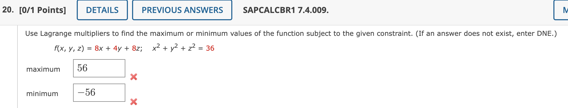 Solved 20. [0/1 Points] DETAILS PREVIOUS ANSWERS SAPCALCBR1 | Chegg.com