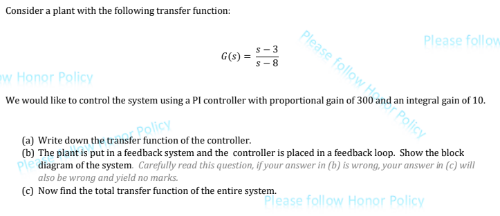 Solved Consider a plant with the following transfer | Chegg.com
