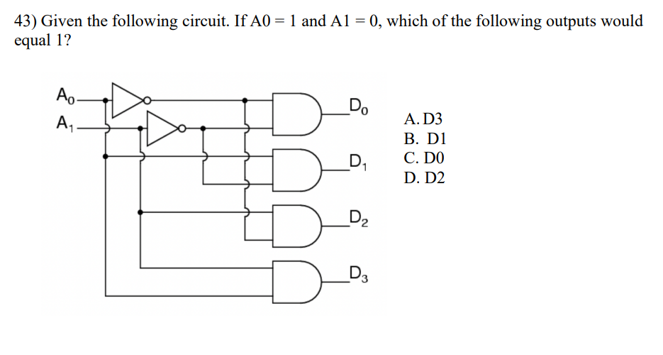 Solved 43) Given the following circuit. If A0=1 and A1=0, | Chegg.com