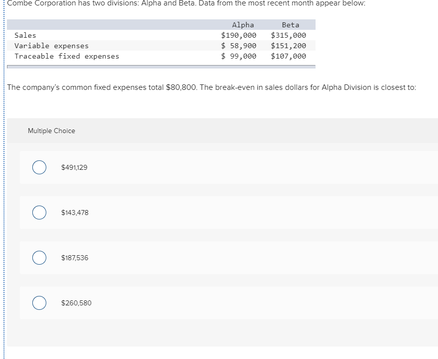 Solved Combe Corporation has two divisions: Alpha and Beta. | Chegg.com