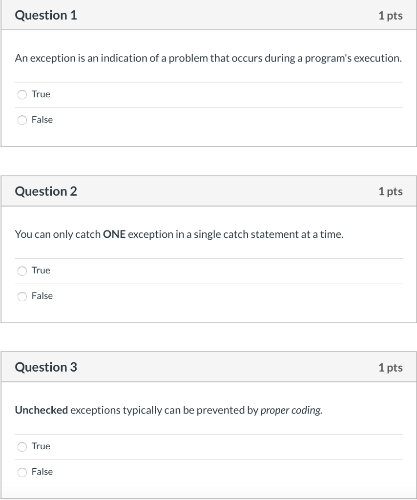 Solved Question 1 1 pts An exception is an indication of a | Chegg.com