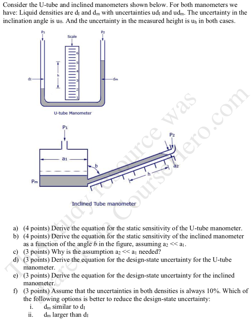 Solved Consider the Utube and inclined manometers shown