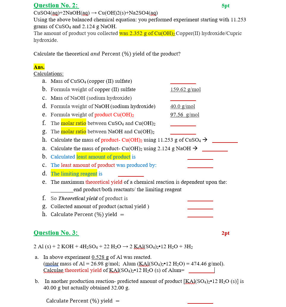 Solved Question No. 2: 5pt CuSO4(aq)+2NaOH(aq) + | Chegg.com