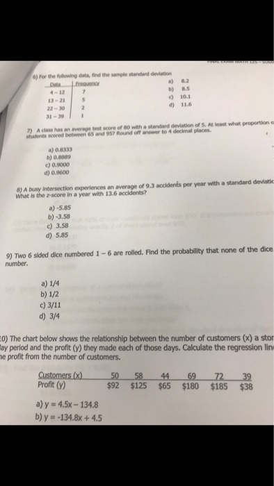 Solved 6) For the following data, find the sample standard | Chegg.com