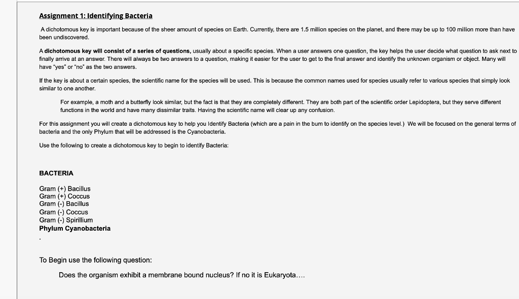 Solved Assignment 1: Identifying Bacteria A dichotomous key | Chegg.com