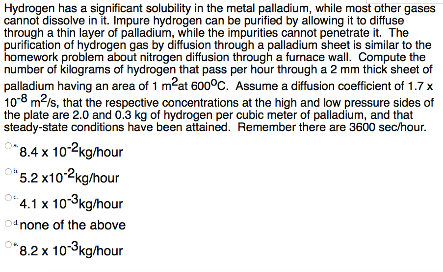 Solved Hydrogen has a significant solubility in the metal | Chegg.com